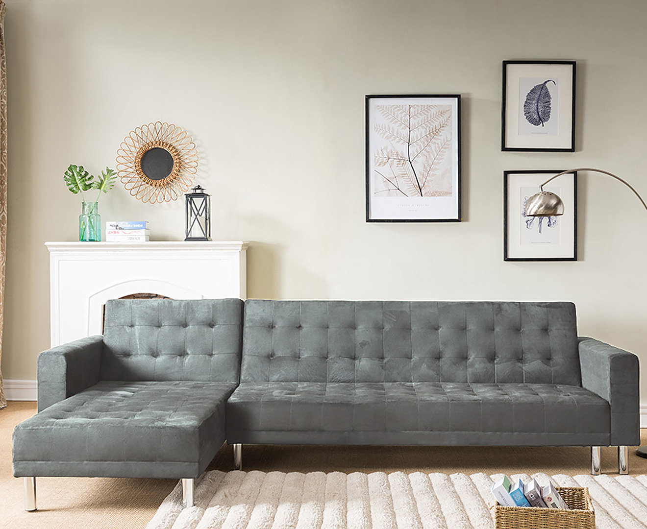Suede Corner Sofa Bed Couch with Chaise Grey
