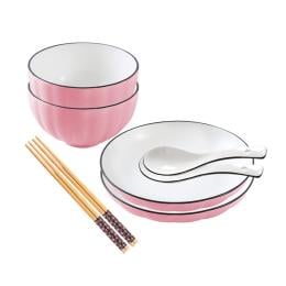 Pink Ceramic Dinnerware Crockery Soup Bowl Plate Server Set of 4