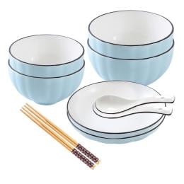 Blue JCeramic Dinnerware Crockery Soup Bowl Plate Server Set of 6