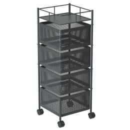4 Tier Steel Square Rotating Kitchen Cart Shelves with Wheels - Grey