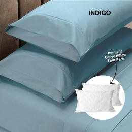 1500TC Sheet And Goose Feather Down Pillow 2 Pack Set Double Indigo