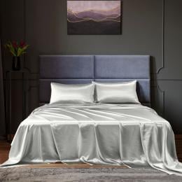 Satin Sheet Set 4 Piece Fitted Flat Pillowcases Queen Silver