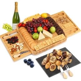 Bamboo Cheese Board And Knife Set With Cutlery Including Slate Rock Tray, 4 Stainless Steel Knife & Thick Wooden Tray