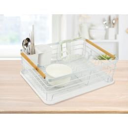 Metal Dish Drying Rack Holder Tray Kitchen Plates Cutlery Wood Handle