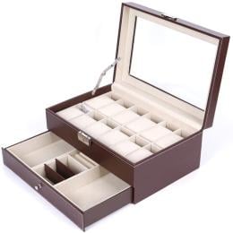 12 Slot PU Leather Lockable Watch And Jewelry Storage Boxes Brown