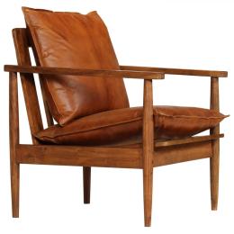 Armchair Brown Real Leather With Acacia Wood