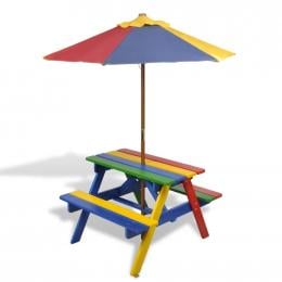 Kids Picnic Table With Benches And Parasol Multicolour Wood