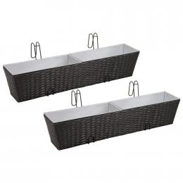 Balcony Trapezoid Rattan Planter 2 Pcs Black with 4 Zinc Pots
