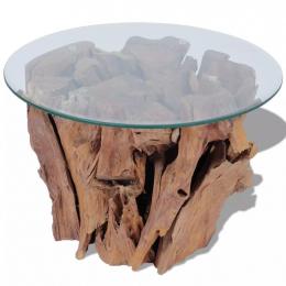 Coffee Table Solid Teak Driftwood Base Tempered Glass Tabletop 60 Cm