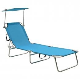 Folding Sun Lounger With Canopy Steel Turquoise And Blue