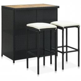 3 Piece Bar Set Poly Rattan Black - Solid Acacia Wood with Oil Finish