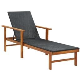 Sun Lounger Poly Rattan And Solid Acacia Wood Black