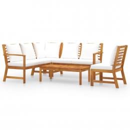 5 Piece Garden Lounge Set With 7 Back Cushions Cream Solid Acacia Wood
