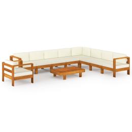 10 Piece Garden Lounge Set With Cream White Cushions Acacia Wood