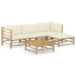 5 Piece Garden Lounge Set w/ Cream White Cushions Bamboo