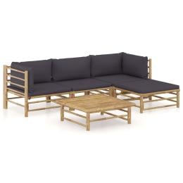 5 Piece Garden Lounge Set w/ Dark Grey Cushions Bamboo