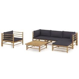 6 Piece Bamboo Garden Lounge Set With 6 Back Cushions - Dark Grey