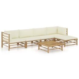 6 Piece Bamboo Garden Lounge Set With 6 Back Cushions - Cream White