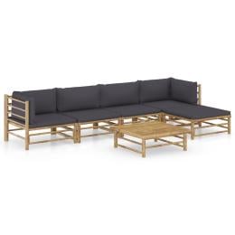 6pc Bamboo Garden Lounge Set With Dark Grey Cushions