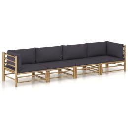 4 Piece Bamboo Garden Lounge Set w/ Dark Grey Cushions