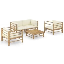 5 Piece Bamboo Garden Lounge Set w/ Cream White Cushions