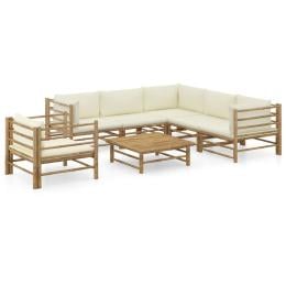 7pc Bamboo Garden Lounge Set With Cream White Cushions