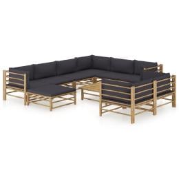10 Piece Garden Lounge Set With Dark Grey Cushions Bamboo