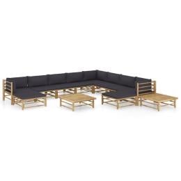 12 Piece Garden Lounge Set With Dark Grey Cushions Bamboo