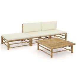 4 Piece Bamboo Garden Lounge Set With Cream White 2 Back Cushions