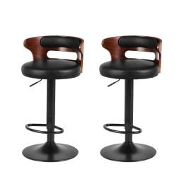 Set of 2 Bar Stools Kitchen Wooden Gas Lift Leather Stool Metal Black