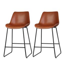 Set of 2 Bar Stools Kitchen Metal Dining Chairs PU Leather Brown