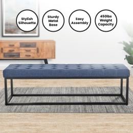 Cameron Button-Tufted Upholstered Bench with Metal Legs by Sarantino - Blue