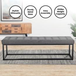 Cameron Button-Tufted Upholstered Bench with Metal Legs -Dark Grey