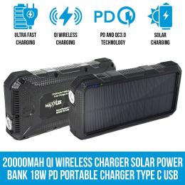 Maxxlee 20000mah Qi Wireless Charger Solar Power Bank 18w Type C Qc3.0