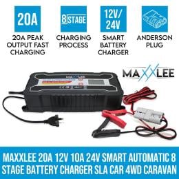 Maxxlee 20a 12v 24v Smart Automatic 8 Stage Fast Battery Charger