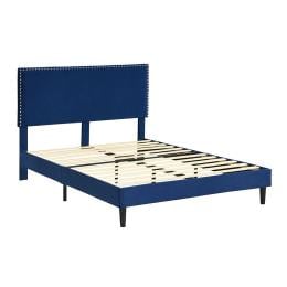 Bed Frame Queen Mattres Base Platform Wooden Velvet Headboard Blue