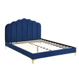 Bed Frame Mattress Base Platform Wooden Velevt Headboard Blue - Queen