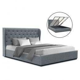 King Size Gas Lift Bed Frame Base Storage Grey Fabric Wooden