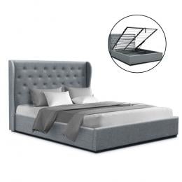 Queen Size Gas Lift Bed Frame Base With Storage Grey Fabric Wooden