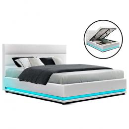 RGB LED Bed Frame Queen Size Gas Lift Base Storage White Leather LUMI