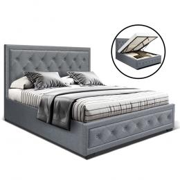 Bed Frame Double Size Gas Lift Base With Storage Grey Fabric TIYO