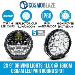 Cosmoblaze 9In Driving Lights Genuine Osram Led Pair Round Spot