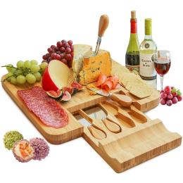 Bamboo Cheese Board Set & Cutlery 4 Stainless Steel Serving Utensils
