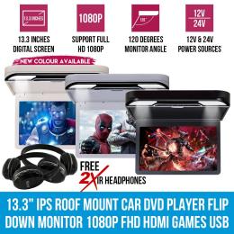 Elinz 13.3in Ips Roof Mount Car Dvd Player Flip Down Monitor Black