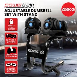 Powertrain 2x 24kg Blue Adjustable Dumbbells Set Home Gym Weights