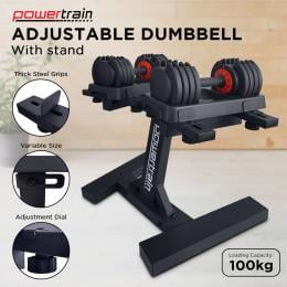 Powertrain 2x GEN2 Pro 25kg Adjustable Dumbbell Set Home Gym Weights with Stand