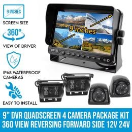 Quadscreen 9 inch DVR 4 Camera Package Kit 360d View 12V 24V 800TVL