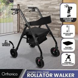 Orthonica Foldable Steel Mobility Rollator Walker - Black