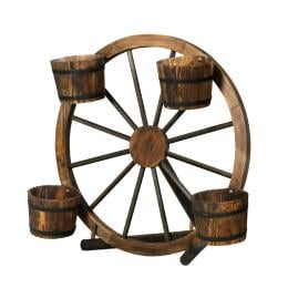 Garden Ornaments Decor Wooden Wagon Wheel Rustic Outdoor Planter