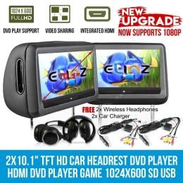 Headrest 2x 10.1in Hd Car Monitor Pillow 1080p Dvd Player - Black